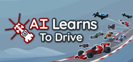 AI Learns To Drive logo beside miniature racing cars on a curved road