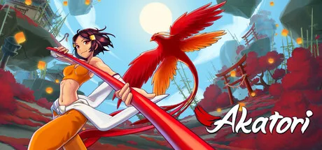 Akatori artwork showing Mako holding a red staff with a red bird beside her