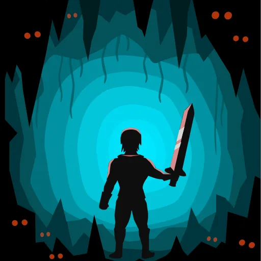 Official app icon for All Who Wander - Roguelike RPG, showing a silhouetted explorer at a blue cavern entrance.