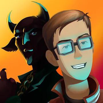 Official app icon for Angelo and Deemon, showing two cartoon men with a horned silhouette behind them.