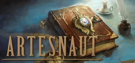 Artesnaut promotional illustration of an ornate book with a quill and inkwell.