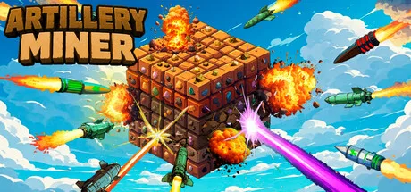 Projectiles strike a floating cube of blocks beneath the Artillery Miner title.
