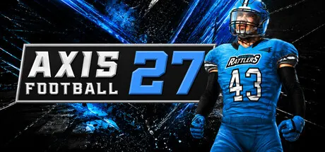 An American football player in a blue number 43 uniform stands beside the Axis Football 27 logo.
