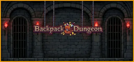 Backpack Dungeon title on a hanging sign in a stone dungeon.
