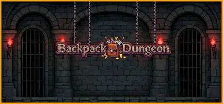 Backpack Dungeon title on a hanging sign in a stone dungeon.