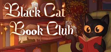 A gold-eyed black cat beside an open red book and candle in a library.