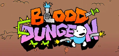Cartoon figures and weapons surround the colorful Blood Dungeon logo.