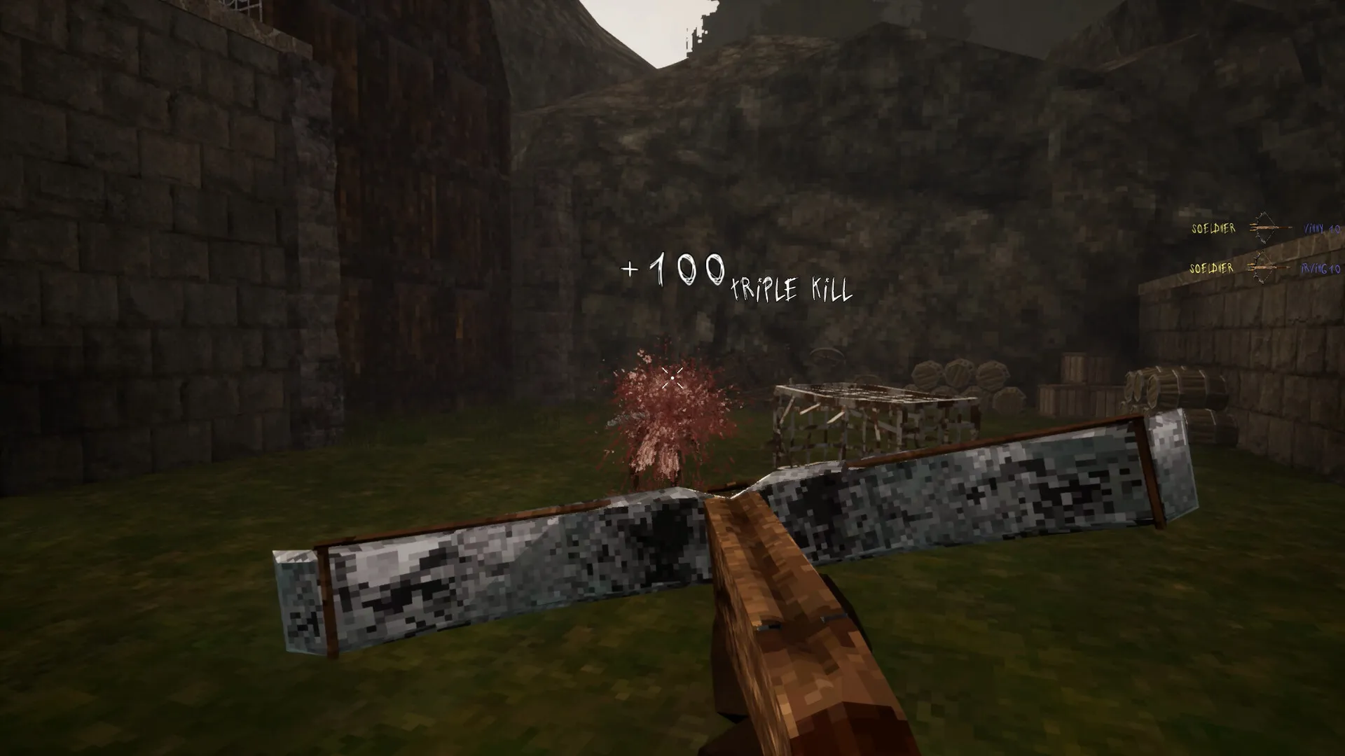 A crossbow faces a red splatter on grass. The screen reads +100 and TRIPLE KILL.