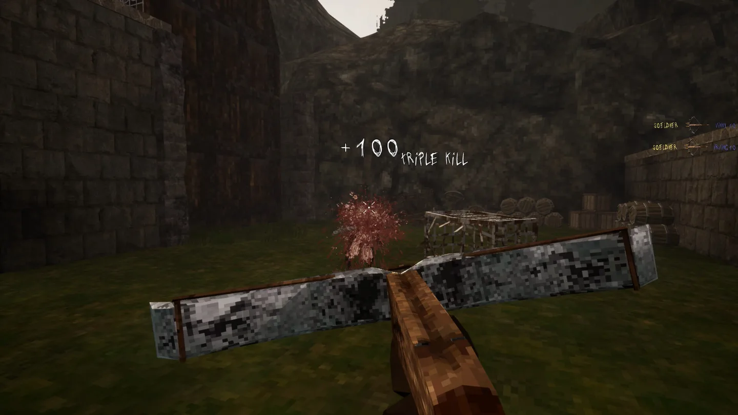 A first-person crossbow faces a red splatter on the grass. White text reads +100 and TRIPLE KILL. A kill feed at the right edge lists soldiers.