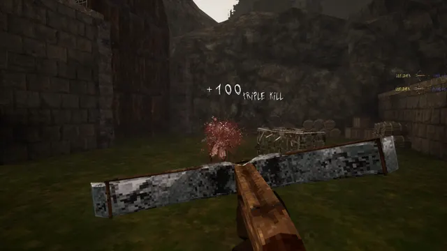 A first-person crossbow faces a red splatter on the grass. White text reads +100 and TRIPLE KILL. A kill feed at the right edge lists soldiers.