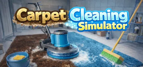 Carpet Cleaning Simulator title above cleaning tools and a blue carpet.