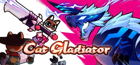 Cat Gladiator promotional illustration with an armored cat facing a blue dragon.