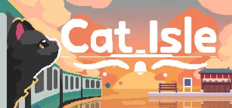 Cat Isle promotional pixel art with a black cat and a town square.