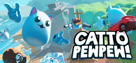 Catto Pew Pew promotional illustration with blue cats and weapons.