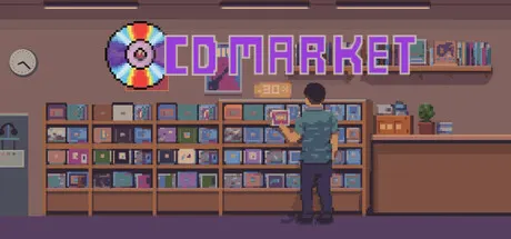 CD Market promotional pixel art of a person browsing shelves of records.
