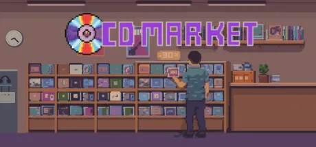 CD Market promotional pixel art of a person browsing shelves of records.