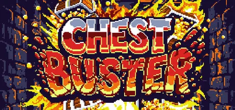 Chest Buster title in colorful pixel art surrounded by bright fragments.