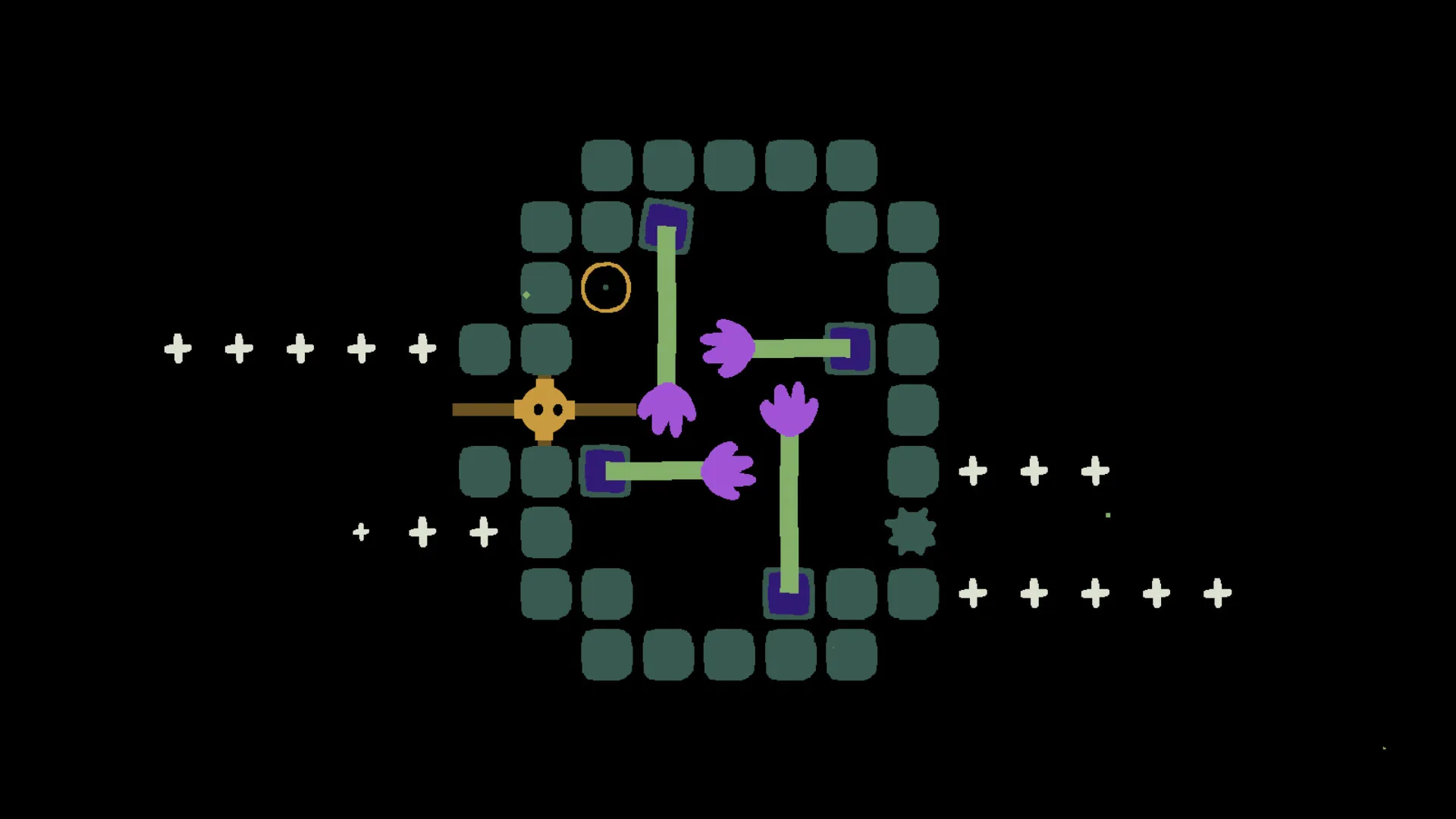 Green stems end in purple open mouths inside a ring of dark tiles. A small yellow figure sits on a bar to the left.
