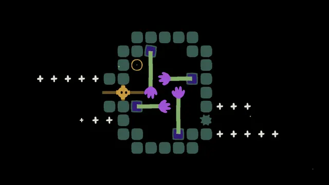 A top-down ring of dark tiles on a black field. Green stems end in purple open mouths. A small yellow round figure sits on a brown bar at the left of the ring.