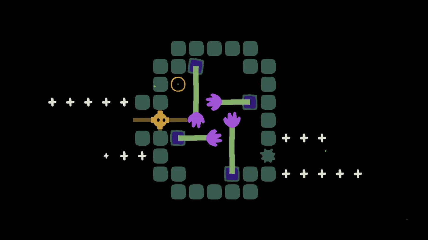 A top-down ring of dark tiles on a black field. Green stems end in purple open mouths. A small yellow round figure sits on a brown bar at the left of the ring.