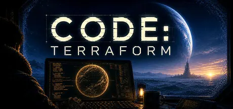 A terminal and a glowing planetary display face a dark landscape beneath the Code: Terraform title.
