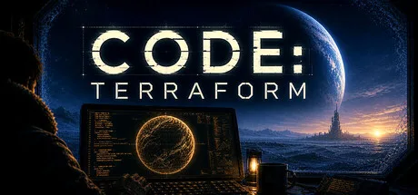 A terminal and a glowing planetary display face a dark landscape beneath the Code: Terraform title.