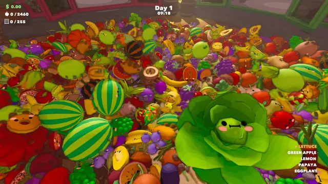 Day 1 at 09:18 inside a greenhouse. The floor is buried in fruits and vegetables with faces. A large lettuce is named beside green apple, lemon, papaya and eggplant. Counters read 0/2460 and 0/255.