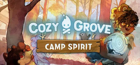 Cozy Grove: Camp Spirit promotional illustration of characters around the title in a forest.