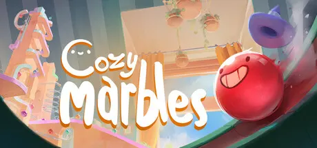 Cozy Marbles logo amid a colorful marble course and a smiling red marble