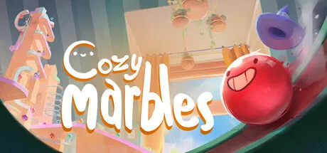 Cozy Marbles logo amid a colorful marble course and a smiling red marble