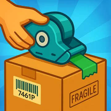Official app icon for Cozy Packing Simulator, showing a small teal creature on taped cardboard boxes.