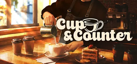 Cup and Counter promotional illustration of coffee being poured beside a slice of cake.