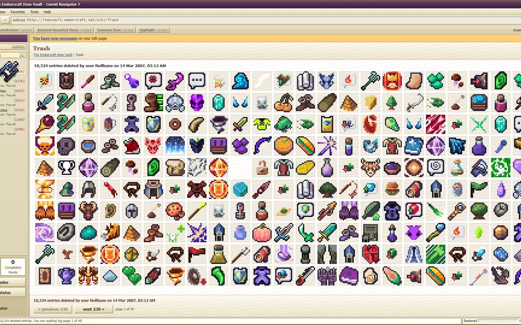 A browser window titled Trash shows a grid of pixel-art item icons. The page says 10,324 entries were deleted by user Nullbane on 14 Mar 2007, 03:12 AM. Seven category folders sit in the sidebar, and the sorting aids are marked Locked.