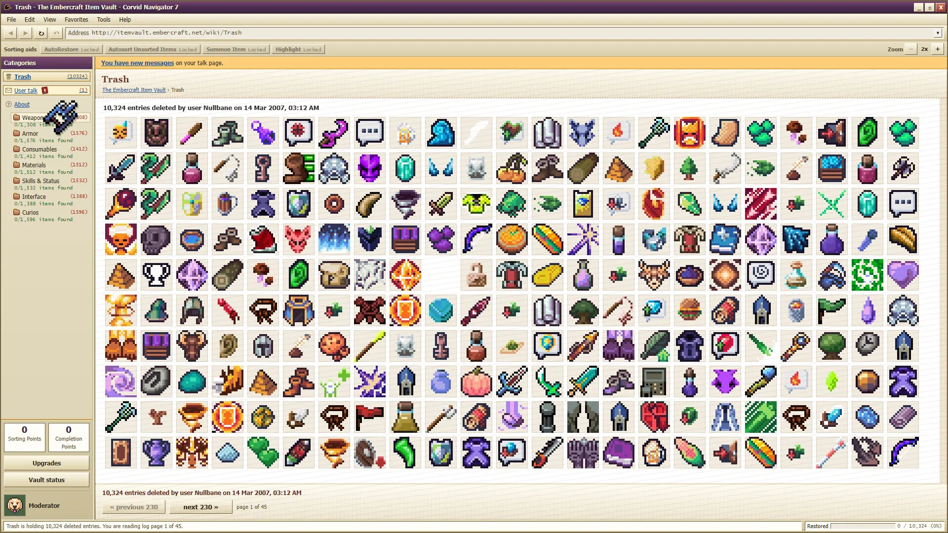 The Embercraft Item Vault trash page, a grid of pixel items under a note that Nullbane deleted 10,324 entries.