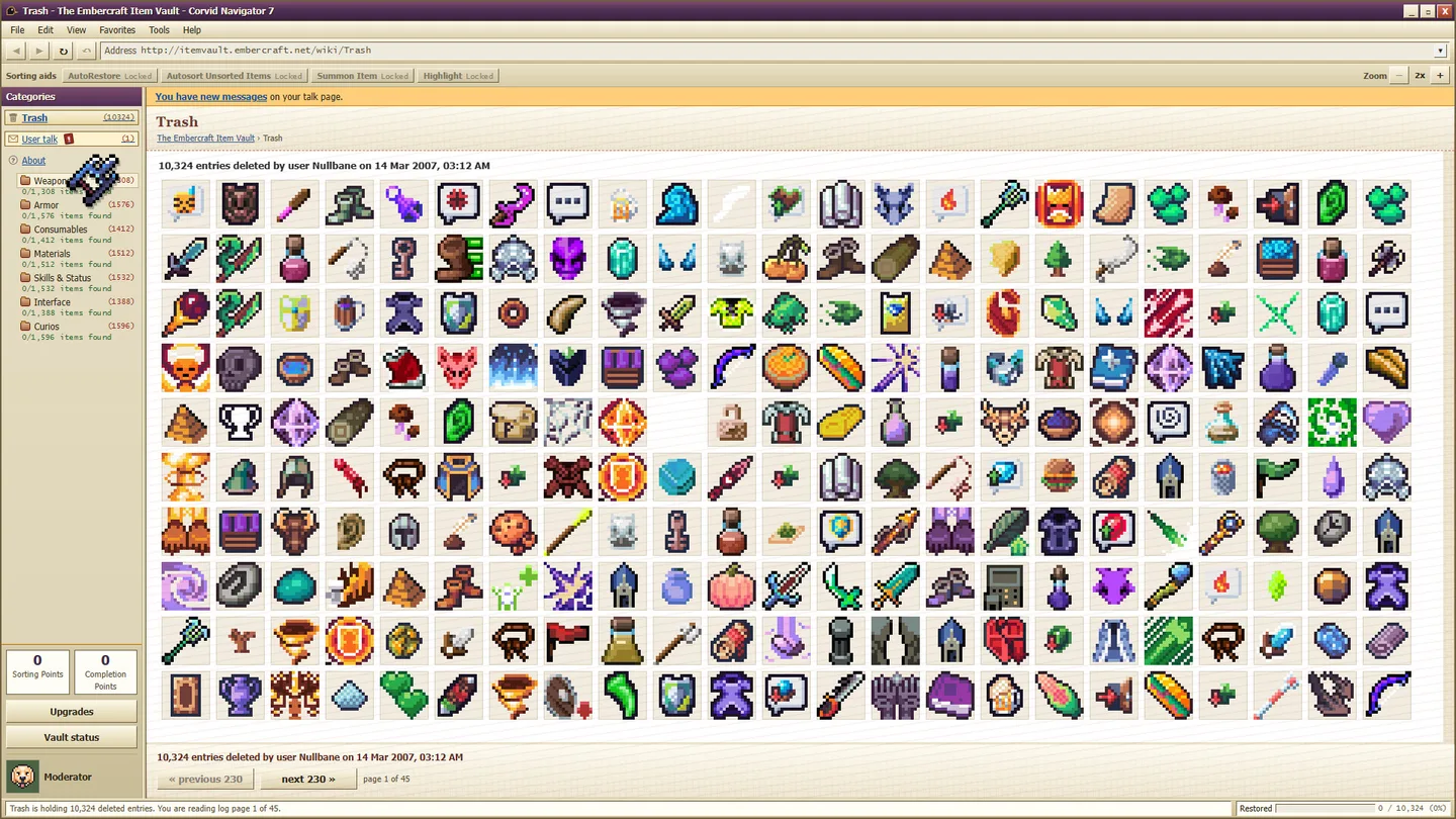 A browser window titled Trash shows a grid of pixel-art item icons. The page says 10,324 entries were deleted by user Nullbane on 14 Mar 2007, 03:12 AM. Seven category folders sit in the sidebar, and the sorting aids are marked Locked.