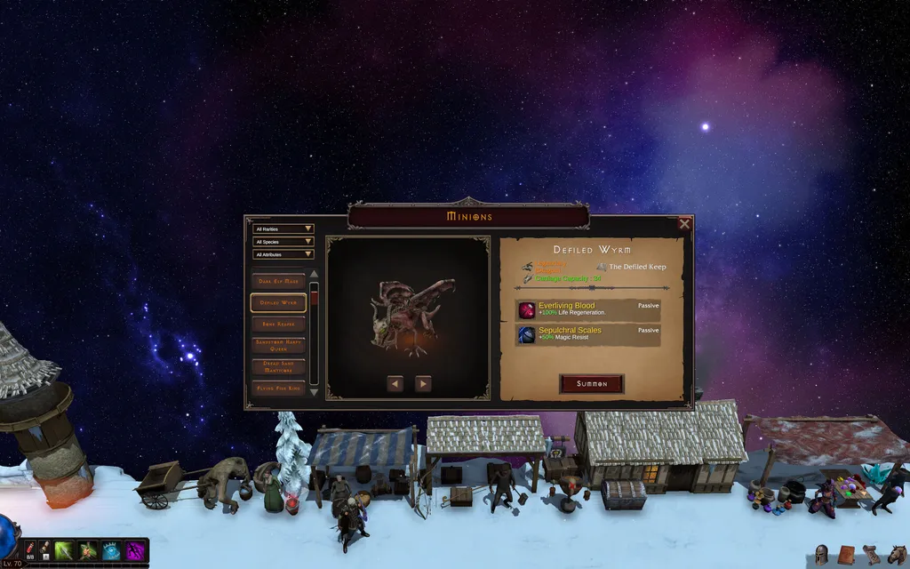 The Deskrawl minion menu shows a Defiled Wyrm with carrying capacity and two passive bonuses.