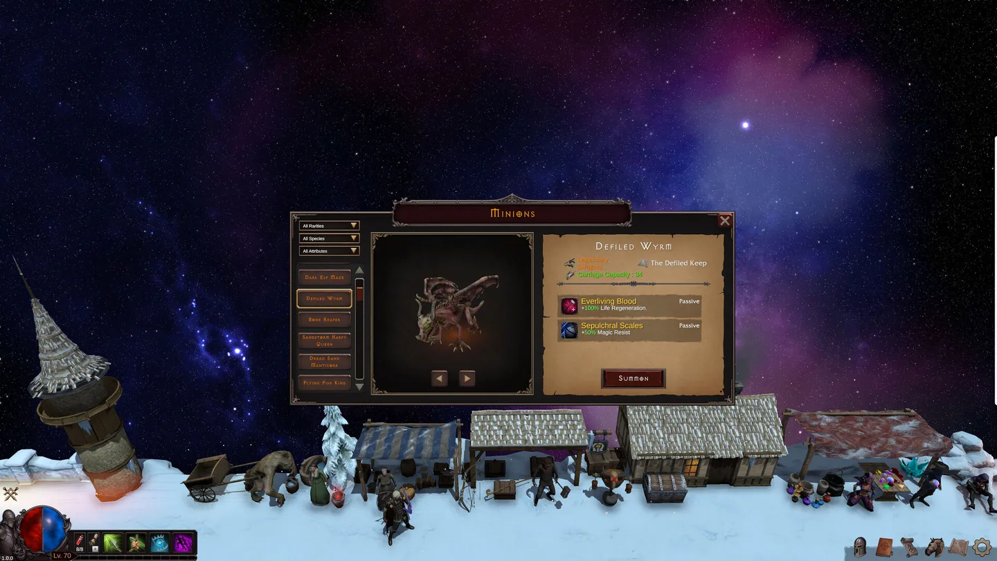 The Deskrawl minion menu shows a Defiled Wyrm with carrying capacity and two passive bonuses.