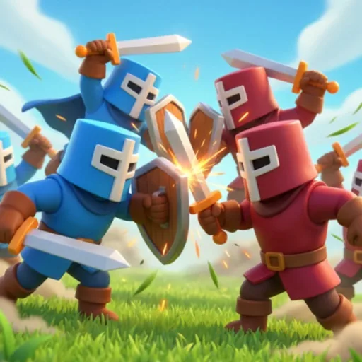 Official app icon for Dice Attack: Roguelike Battle, showing red and blue armored figures confronting one another.