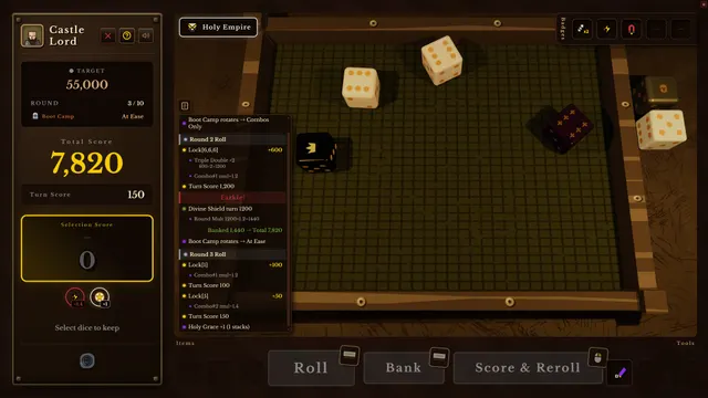 Six dice on a wooden tavern table, with a running score and Roll and Bank controls.
