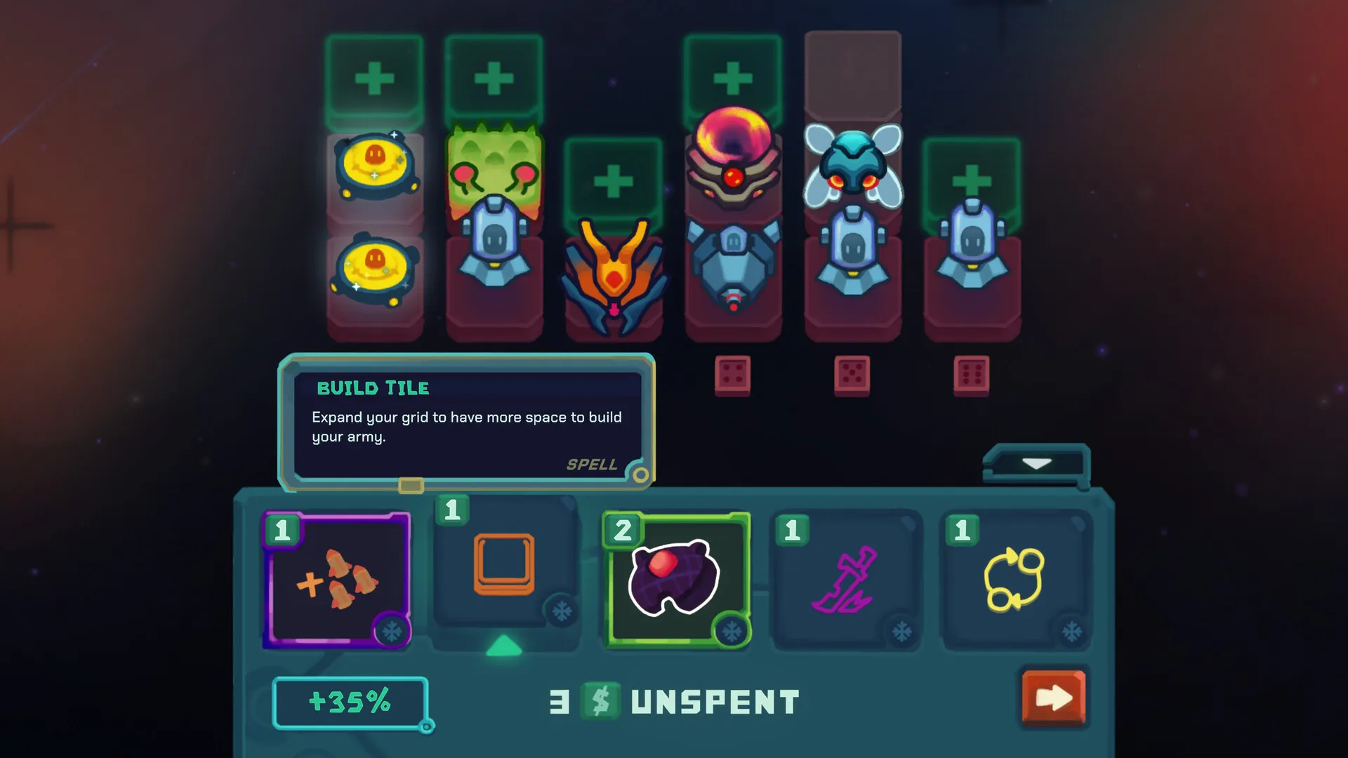 The Dicevaders shop offers a build tile alongside alien units and resources.