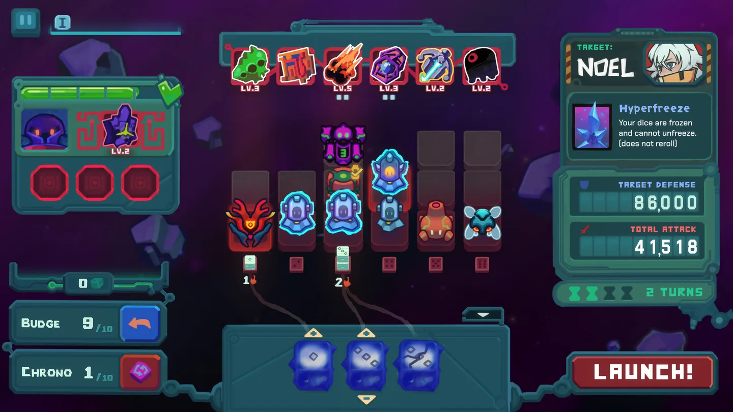 Dicevaders shows three frozen dice below an alien grid during a boss encounter with Noel.