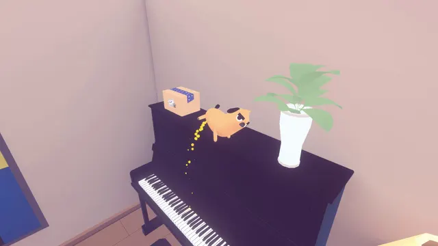 An orange cartoon dog stands on a black piano. A yellow dotted trail runs from the dog down across the keys. A parcel and a potted plant share the piano top.