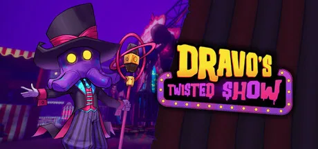 A purple, top-hatted carnival host holding a cane beside the Dravo’s Twisted Show title.