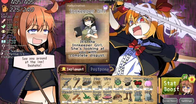 An illustrated dungeon adventure with a character encounter, inventory, and a postpone option.