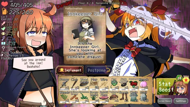 An illustrated dungeon adventure with a character encounter, inventory, and a postpone option.