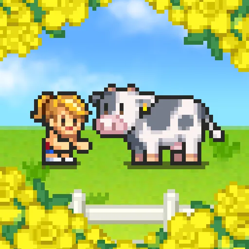 Official app icon for 8-Bit Farm, showing pixel-art people and a cow beneath trees.
