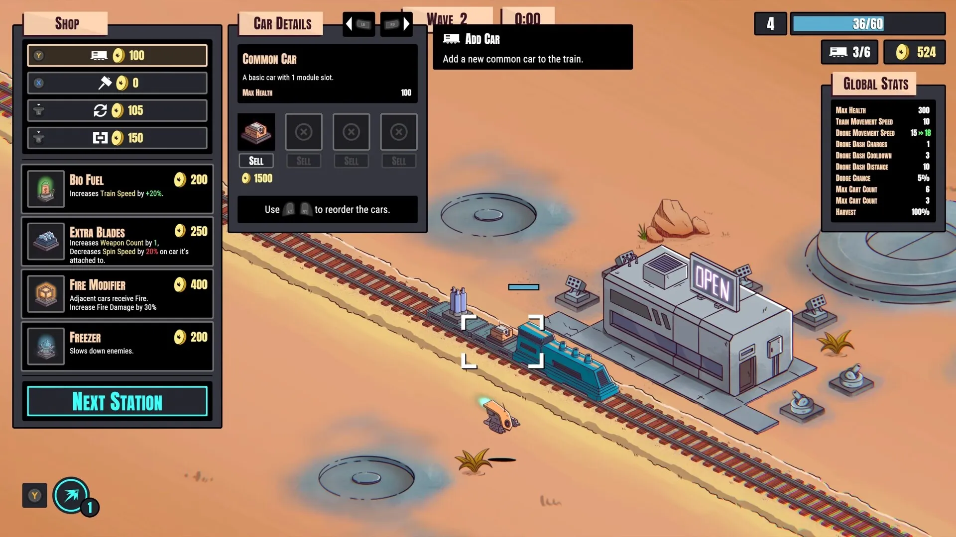 A train stops beside a shop offering new cars, modules and modifiers in Endless Rails.