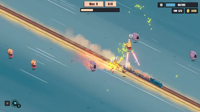 Endless Rails shows a long armed train and drones surrounded by floating enemies and projectiles.