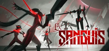 Dark elongated figures with red highlights surround the Ex Sanguis logo.
