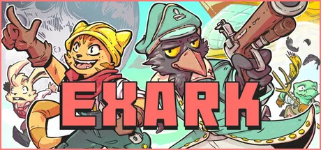 Exark logo with illustrated fantasy crew and a large firearm